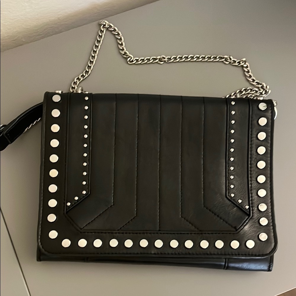 Black Studded Chain Shoulder/Crossbody Bag, genuine leather. Like new.